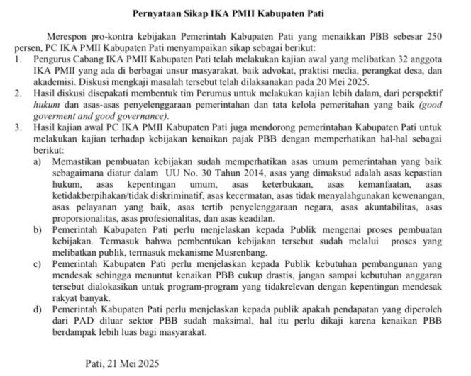 
					IKA PMII Pati Soroti Kenaikan PBB 250 Persen, Desak Pemkab Lakukan Kajian Ulang